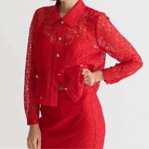 J Crew Lady Lace Shirt Jacket in Red
